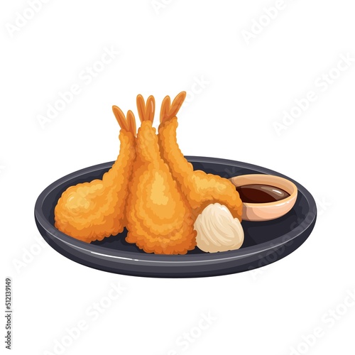 Tempura Japanese food, crispy deep fried dish with prawn vector illustration. Cartoon isolated tasty hot Asian snack with seafood in crumbs, shrimp tempura with sauce on plate of Japan restaurant