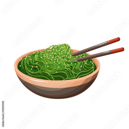 Chuka, wakame or kombu, vegan Japanese seaweed food vector illustration. Cartoon isolated chopsticks, bowl with green kelp salad and sesame, healthy organic vegetarian ingredient for Japan cuisine