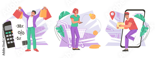 Online shopping banners set depicting delivery and order in the online store, flat vector illustration isolated on white background. Online purchases bundle for web and app.