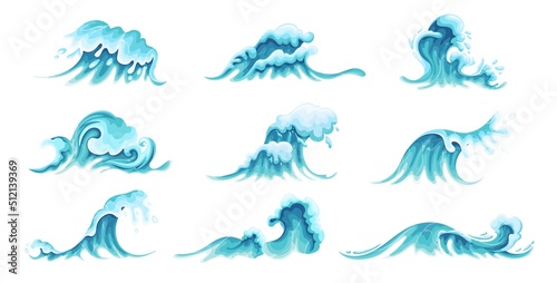 Sea and ocean wave set vector illustration. Cartoon blue sea surf with splashes, surges and foam, isolated big turquoise tidal waves, flood or tsunami tides due to strong wind, environment collection
