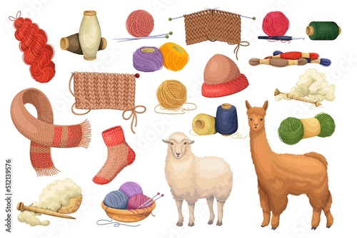 Wool knitting set vector illustration. Cartoon isolated woolen balls and reels, rolls and threads of yarn, tools to knit handmade warm knitwear and knitted scarf and hat, fluffy alpaka lama and sheep