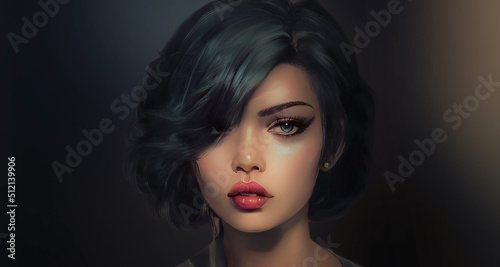 Portrait of a beautiful young girl with dark hair. Close-up, female face, beauty, sketch. New world. Dark background. Young woman. 3D illustration.