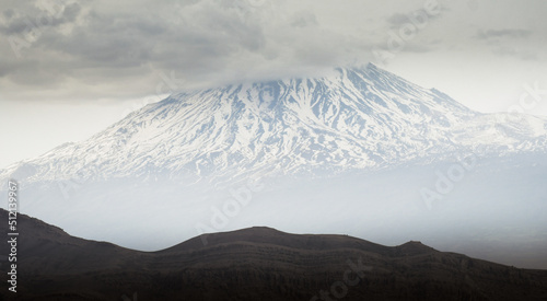 Panning panorama Ararat mountain peak close up with clouds in Turkey