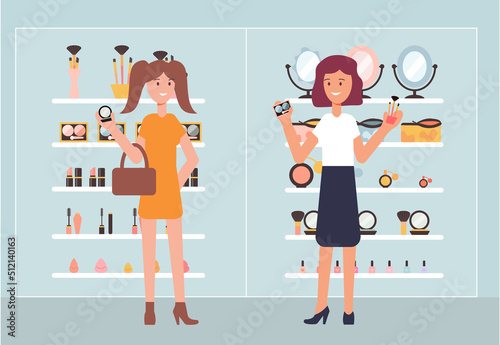 Buyer is choosing decorative cosmetics in a store with female sales assistant and holds compact powder in a hand. The customer is looking for beauty product in shelf. Flat vector illustration