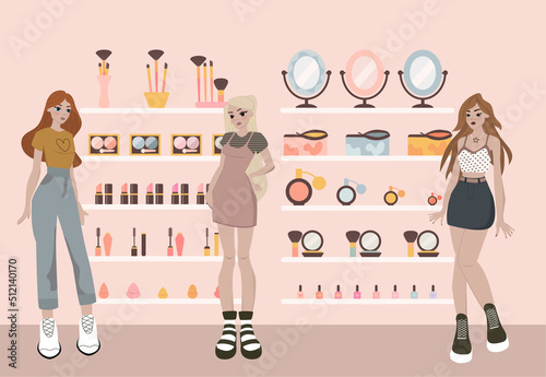 Fashionable teenage girls are choosing decorative cosmetics in a cosmetics store. Customers are looking for beauty product. Flat vector illustration with makeup tools in shelves on the background