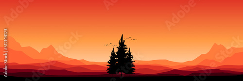 pine tree silhouette in mountain landscape flat design vector illustration for background  wallpaper  background template  tourism  adventure and design template