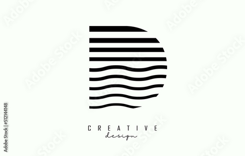 Letter D logo design with black lines. Vector illustration with wavy lines.