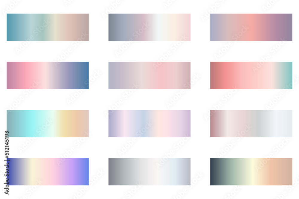 Pastel, holographic texture gradation set. Vector shiny soft gradient collection for ribbon, border, frame, label design Pastel, holographic texture gradation set. Vector shiny soft gradient collection for ribbon, border, frame, label design