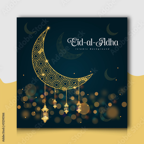 Eid al adha mubarak islamic festival social media post or greeting card design with golden lanterns, crescent moon and bokeh background. photo