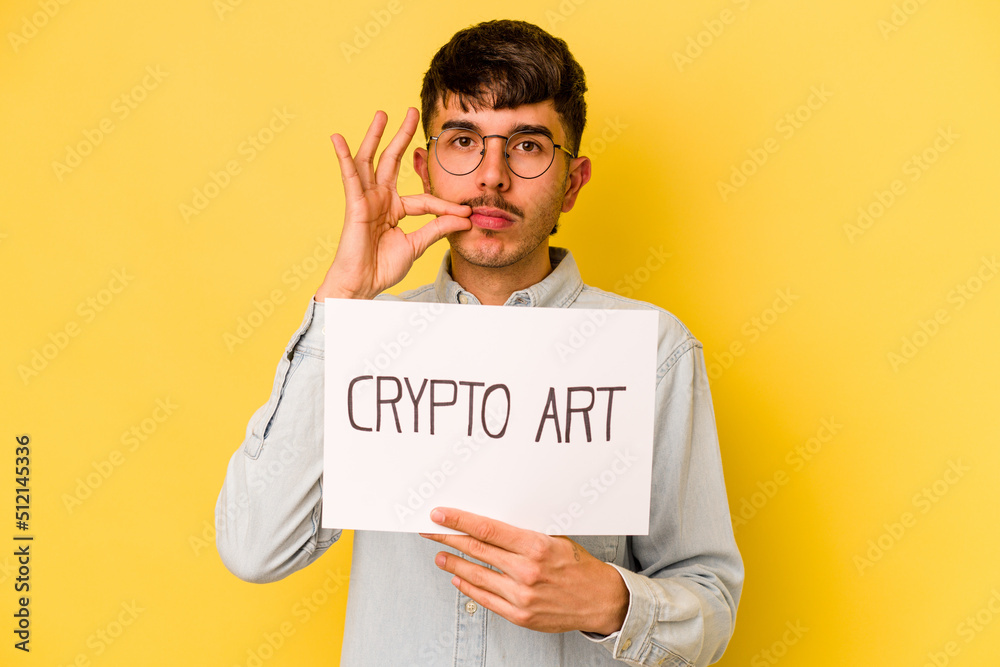 Young hispanic man holding crypto art placard isolated on yellow background with fingers on lips keeping a secret. Young hispanic man holding crypto art placard isolated on yellow background with fingers on lips keeping a secret.