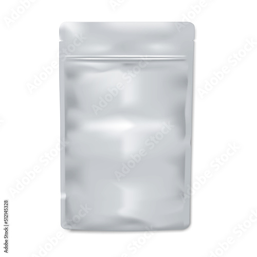 Blank sachet packet vector mock-up. Plastic or foil pouch with zip lock and tear notches template. Food, medical or cosmetic product individual package mockup