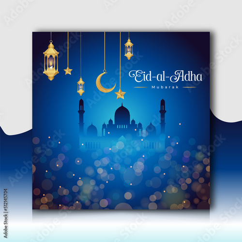 Islamic festival eid al adha mubarak greeting card and social media post template with bokeh lights background. Vector illustration photo