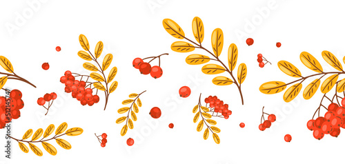 Seamless pattern of rowan with berries. Image of autumn plant.