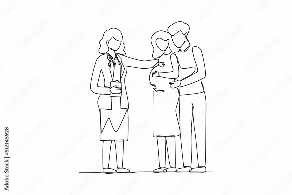 Continuous one line drawing prenatal medicine. Cute pregnant woman with husband and female doctor. Medical worker in uniform. Consultation, recommendations of physician. Single line draw design vector