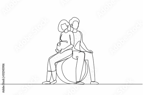 Single one line drawing young expecting parents in yoga class for pregnant women. Man and pregnant woman sitting in gymnasium ball. Paired yoga for pregnant women. Continuous line draw design vector