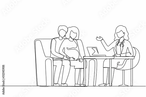 Continuous one line drawing pregnant woman visits doctor. Happy couple people on medical examination in hospital  talking with physician. Pregnancy healthcare. Single line draw design vector graphic