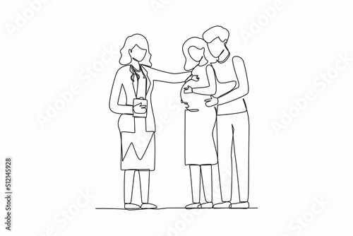 Continuous one line drawing prenatal medicine. Cute pregnant woman with husband and female doctor. Medical worker in uniform. Consultation, recommendations of physician. Single line draw design vector