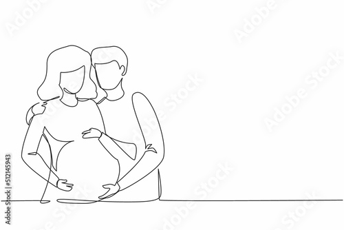 Single continuous line drawing flat illustration about pregnancy and partner birth. Young pregnant woman with husband. Man takes care and hugs his wife. Dynamic one line draw graphic design vector