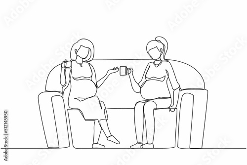 Single one line drawing two girls are sitting on couch. They drink tea, talk, share secrets. Friends, neighbors, young ladies. Cozy evening with hot drink. Continuous line draw design graphic vector