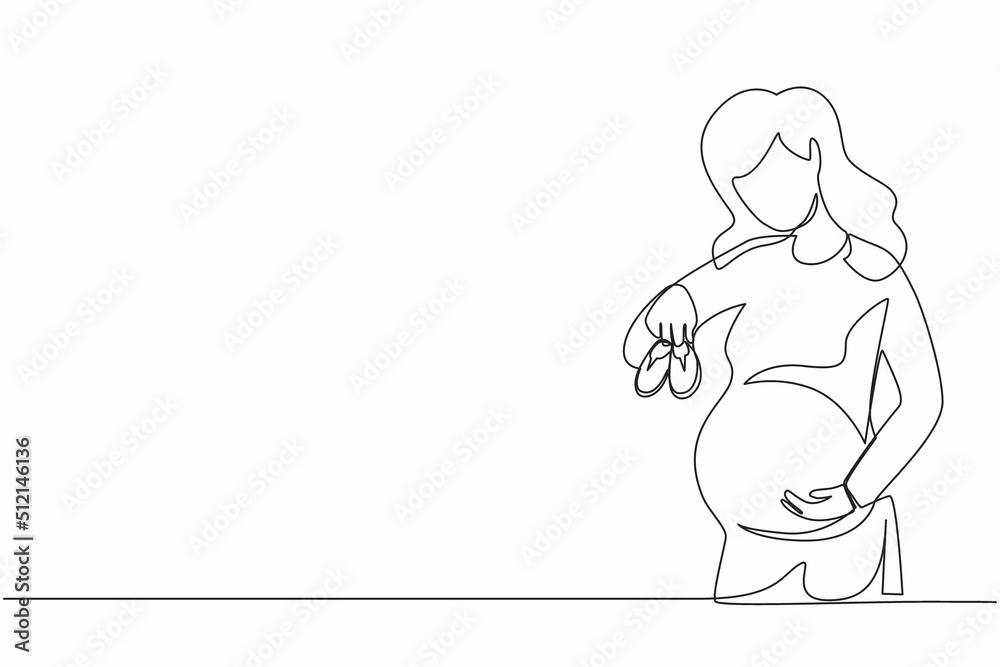 Single continuous line drawing small shoes for unborn baby in belly of pregnant woman. Pregnant woman holding small baby shoes relaxing at home in bedroom. Dynamic one line draw graphic design vector Single continuous line drawing small shoes for unborn baby in belly of pregnant woman. Pregnant woman holding small baby shoes relaxing at home in bedroom. Dynamic one line draw graphic design vector
