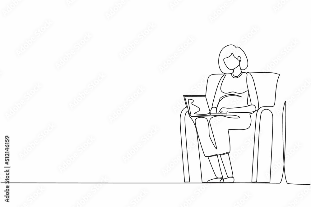 Single one line drawing healthy pregnant woman sitting on sofa at home working on her laptop during her maternity leave before giving birth to baby. Continuous line design graphic vector illustration Single one line drawing healthy pregnant woman sitting on sofa at home working on her laptop during her maternity leave before giving birth to baby. Continuous line design graphic vector illustration