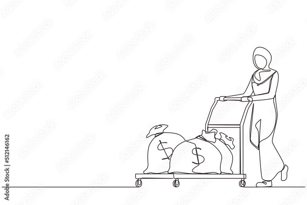 Single continuous line drawing Arabian businesswoman push cart with money bags. Reward or profit concept. Woman employee with salary. Investor carries money to startup. One line graphic design vector Single continuous line drawing Arabian businesswoman push cart with money bags. Reward or profit concept. Woman employee with salary. Investor carries money to startup. One line graphic design vector