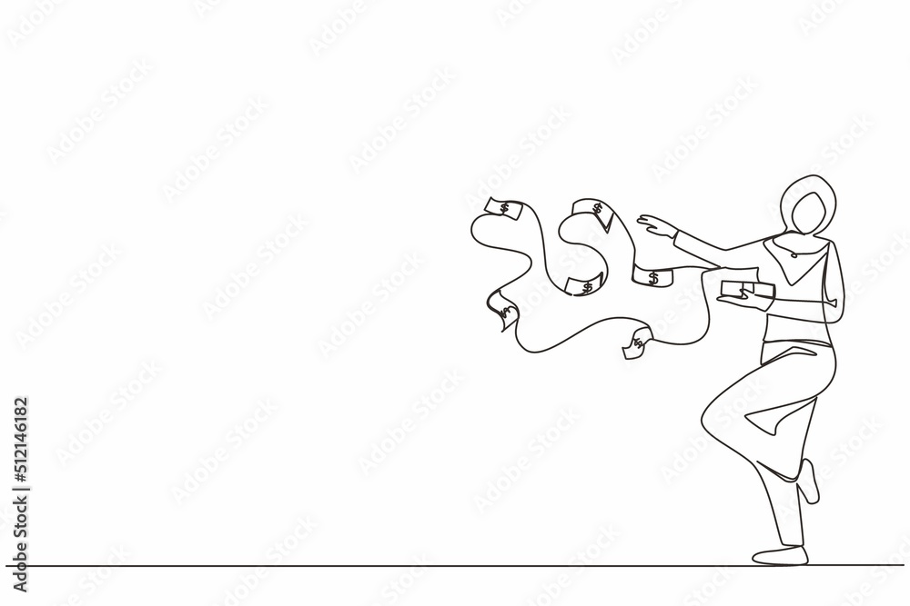 Continuous one line drawing happy Arab businesswoman millionaire throw out pile of money banknotes flying into the air. Success and wealthy fortune entrepreneur. Single line draw design vector graphic