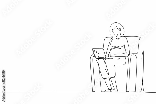 Single one line drawing healthy pregnant woman sitting on sofa at home working on her laptop during her maternity leave before giving birth to baby. Continuous line design graphic vector illustration