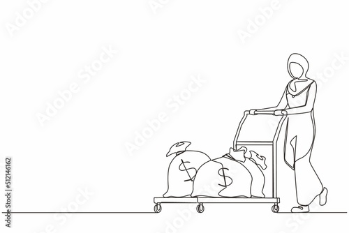 Single continuous line drawing Arabian businesswoman push cart with money bags. Reward or profit concept. Woman employee with salary. Investor carries money to startup. One line graphic design vector