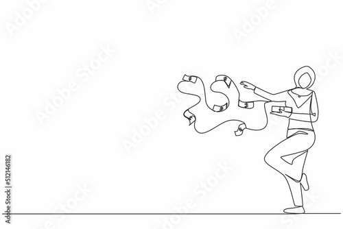 Continuous one line drawing happy Arab businesswoman millionaire throw out pile of money banknotes flying into the air. Success and wealthy fortune entrepreneur. Single line draw design vector graphic