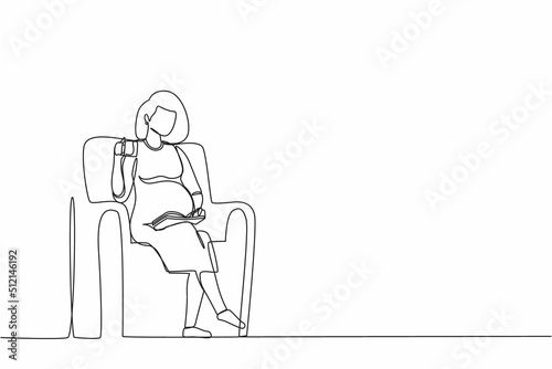 Single continuous line drawing pregnant young woman sitting on sofa, reading book and drinking tea. Cozy evening with hot drink. Outside the winter. One line draw graphic design vector illustration