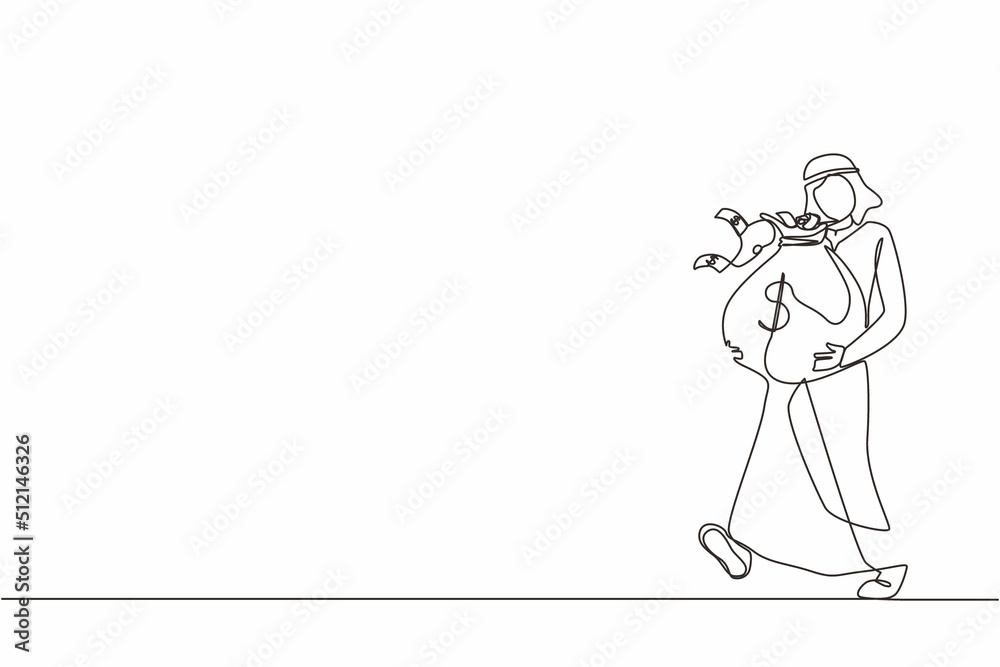 Single continuous line drawing Arabian businessman walking and carrying big heavy sack full of cash money. Green banknotes flying out of bag with dollar sign on it. One line draw graphic design vector