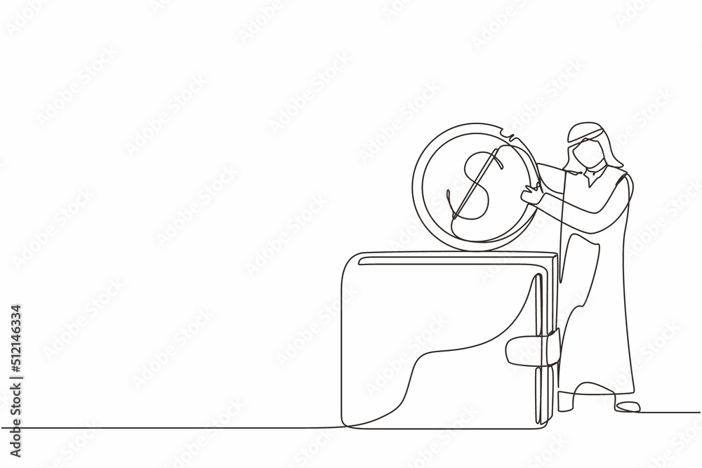 Continuous one line drawing Arab businessman putting dollar coin into big wallet. Direct payment, paying by cash, money transfer, personal financial transaction. Single line draw design vector graphic Continuous one line drawing Arab businessman putting dollar coin into big wallet. Direct payment, paying by cash, money transfer, personal financial transaction. Single line draw design vector graphic