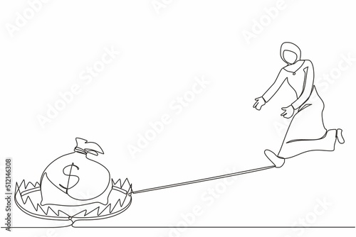 Single continuous line drawing money trap business. Arabian businesswoman running to catch money bag in the steel bear trap. Metaphor of greedy financial risk and bad solutions. One line design vector