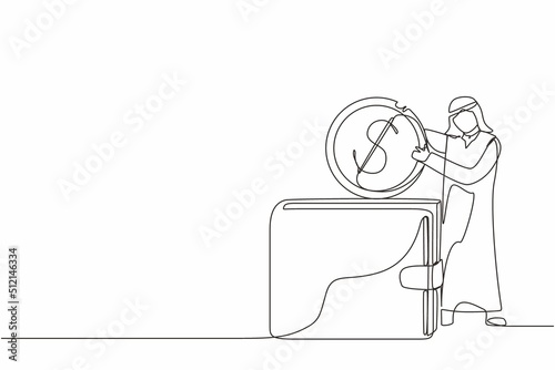Continuous one line drawing Arab businessman putting dollar coin into big wallet. Direct payment, paying by cash, money transfer, personal financial transaction. Single line draw design vector graphic