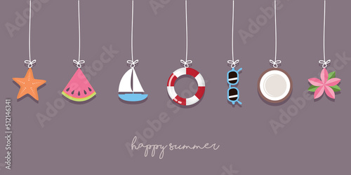 happy summer holiday banner design with hanging utensils