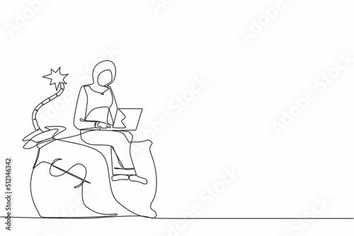 Single one line drawing Arabic businesswoman sitting on huge bomb with burning fuse and money bag. Financial problems, taxation burden or business debt, deadline. Continuous line design graphic vector