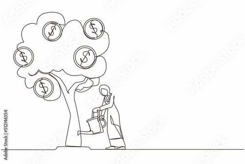 Single continuous line drawing business investment with money tree illustration. Arab woman watering tree with coins dollar symbols. Business development, profit growth. One line graphic design vector