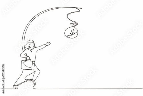Single one line drawing oblivious Arabian businessman chasing bag of money. Artwork illustration depicts foolishness, stupidity, unawareness, decoy. Continuous line design graphic vector illustration