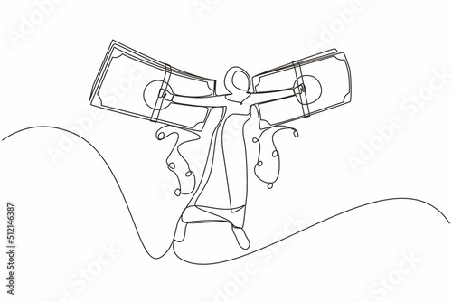 Single continuous line drawing Arab businesswoman flying on money wings. Financial freedom concept, depicting woman flying on wings made of currency bills. One line graphic design vector illustration