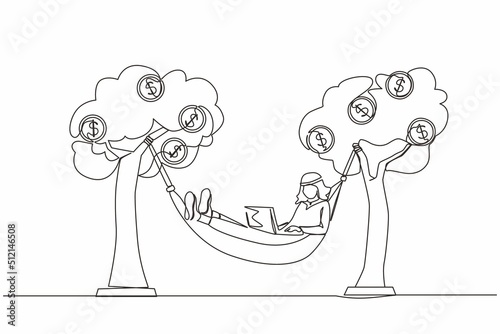 Single one line drawing rich Arabian businessman typing with laptop in hammock tied on money tree with dollar coins. Make profit or dividend from investment. Continuous line draw design graphic vector