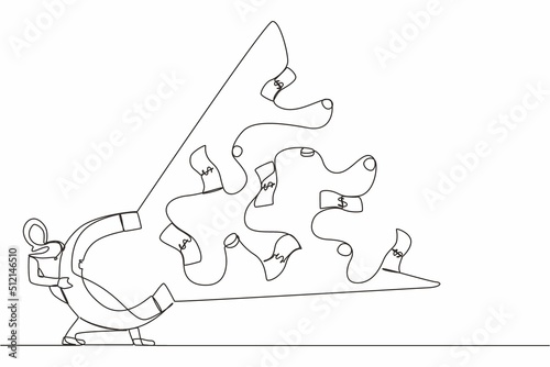 Single one line drawing Arabian businesswoman using big magnet to attract money. Making money, successful business idea, financial success, gain, and profit. Continuous line draw design graphic vector