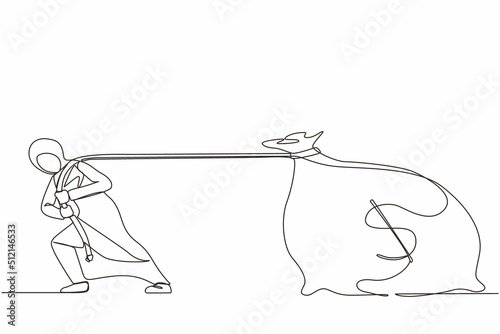 Single continuous line drawing Arabian businesswoman pulling big bag of money. Business metaphor. Corporate competition or business challenge concept. One line draw graphic design vector illustration