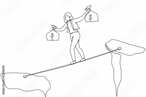 Single continuous line drawing businesswoman walk over cliff gap mountain carry two money bag risking dangerous. Female walking balance on rope bridge. One line draw graphic design vector illustration