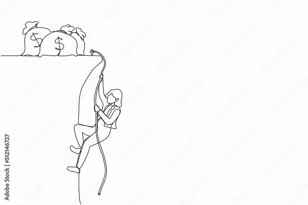 Single continuous line drawing active businesswoman doing rope climbing towards money bag. Climber hanging on rope, pulling himself on top of rocky mountain wall. One line draw graphic design vector Single continuous line drawing active businesswoman doing rope climbing towards money bag. Climber hanging on rope, pulling himself on top of rocky mountain wall. One line draw graphic design vector