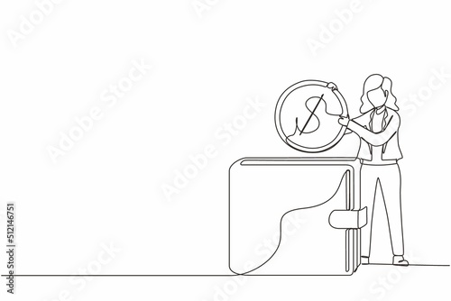 Single one line drawing businesswoman putting dollar coin into big wallet. Concept of direct payment, paying by cash, money transfer, personal financial transaction. Continuous line draw design vector