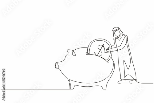 Single one line drawing Arabian businessman putting dollar coin into piggy bank. Money savings, personal investment, finance, funding, bank deposit, capital accumulation. Continuous line design vector