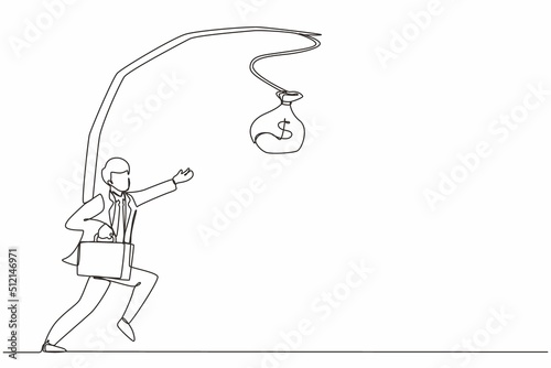 Continuous one line drawing oblivious businessman chasing bag of money. Artwork illustration depicts foolishness, stupidity, unawareness, and decoy. Single line draw design vector graphic illustration