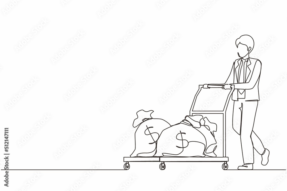 Continuous one line drawing businessman push cart with money bags. Reward or profit concept. Man employee with salary. Investor carries money to startup. Single line design vector graphic illustration Continuous one line drawing businessman push cart with money bags. Reward or profit concept. Man employee with salary. Investor carries money to startup. Single line design vector graphic illustration