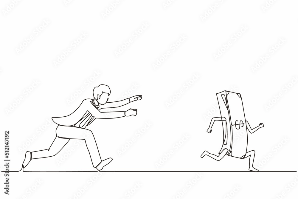 Single one line drawing businessman or manager running and chasing after run away money. Concept of money obsession, impatient, greedy. Modern continuous line draw design graphic vector illustration